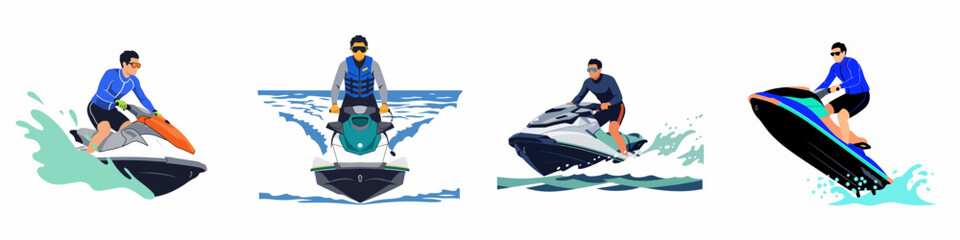 Set of four vector illustrations showing men riding personal watercrafts, splashing through waves and performing jumps during summer water sports activities. © Rafi