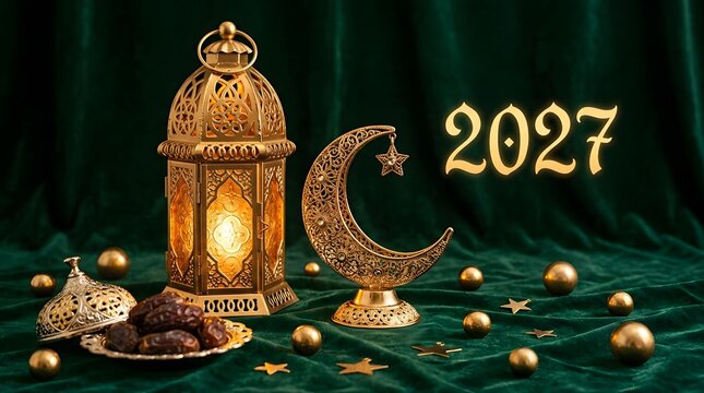Ramadan 2027 celebration setup with golden lantern crescent moon dates and festive ornaments