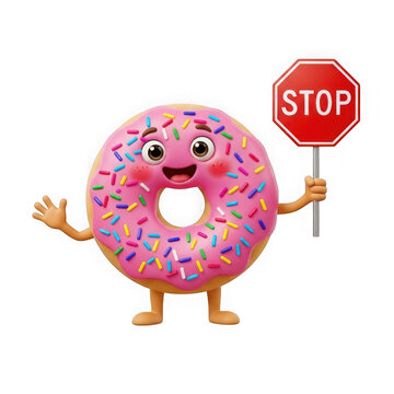 A pink donut with sprinkles holds a stop sign