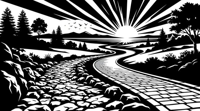 Mountain with staircase icon minimalist black and white graphic