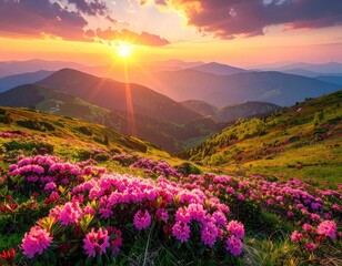 Obraz premium A breathtaking mountain vista unfolds at sunset, adorned with vibrant pink rhododendrons in the foreground.