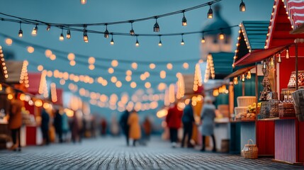 Obraz premium Evening outdoor market scene with festive string lights and busy crowd