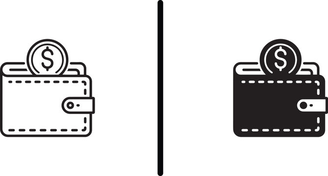 Financial wallet with dollar coin and clasp button vector icon in linear and glyph style