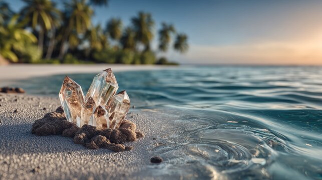 Clear crystal cluster resting on sandy beach near calm ocean water at sunset