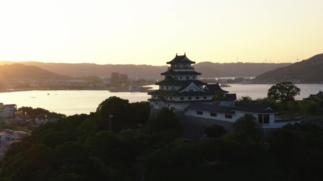 Aerial View of Karatsu Castle at Sunset in Saga, Japan