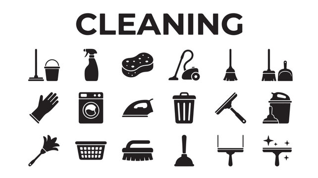 Cleaning service icon set, black household chores symbols, professional housekeeping equipment vector collection for janitorial business apps