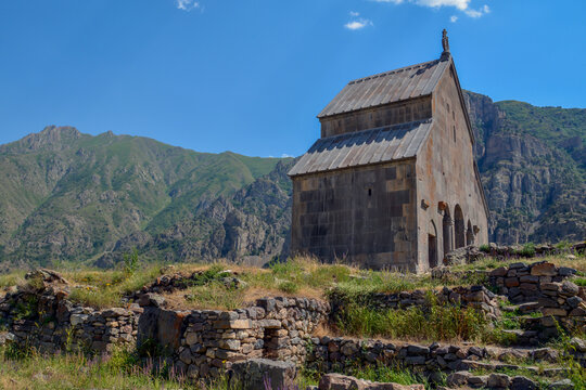 The old church on the mountain. Armenian apostolic church. Temple in nature. Monastery complex