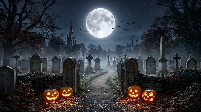 Halloween jack o lanterns in spooky graveyard under moonlight