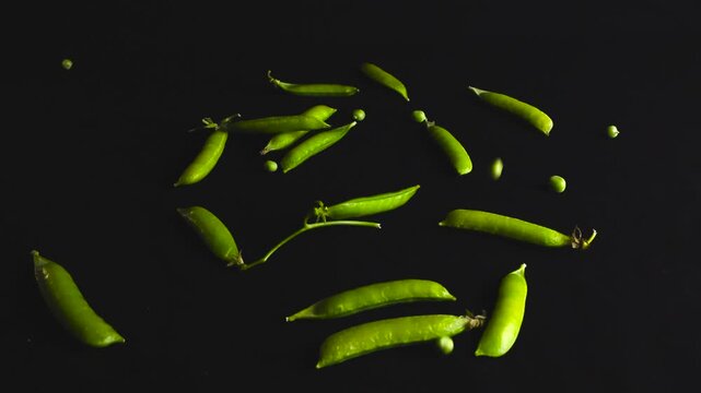 Fresh green peas and pods gracefully floating and falling in the air against a dark, dramatic background. A perfect concept for healthy eating, vegan recipes, and fresh food advertising