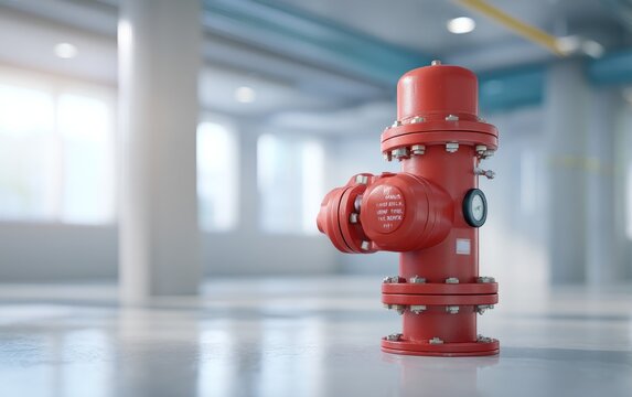 Red Fire Hydrant Standpipe with Pressure Gauge in Empty Indoor Parking Garage