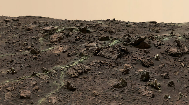 Rocky Martian terrain with green mineral veins under alien sky