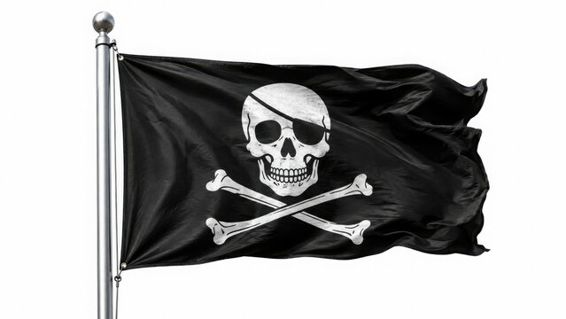Classic black pirate flag with white skull crossbones isolated on transparent background cut out