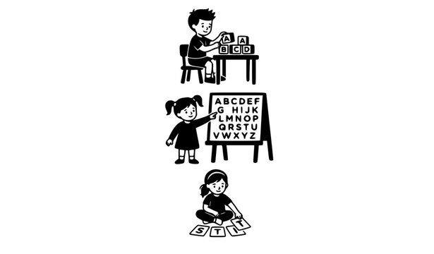 Cute cartoon kids learning mathematics vector line art illustration collection with an abacus block stacking and desk study setups for preschool education branding