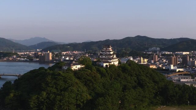 Aerial View of Karatsu Castle at Sunset in Saga, Japan