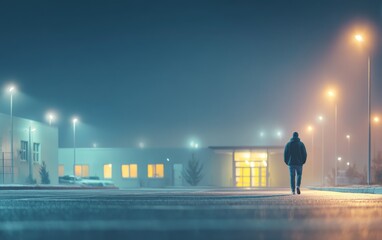 Obraz premium Lone man walking on quiet urban street illuminated by streetlight fog at night