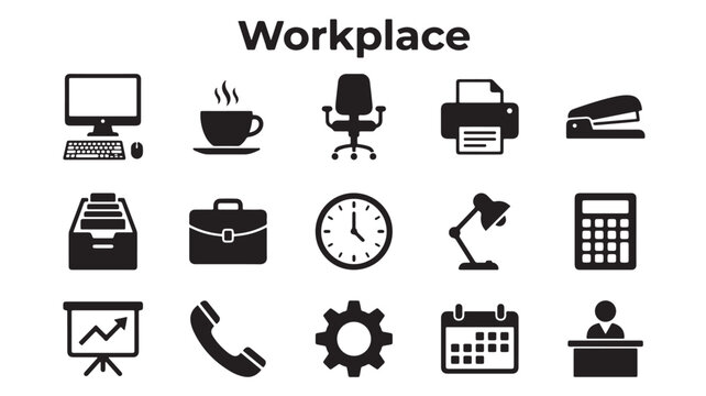 Workplace icon set with 15 black vector silhouettes, professional office equipment symbols, business management and corporate desk supplies collection