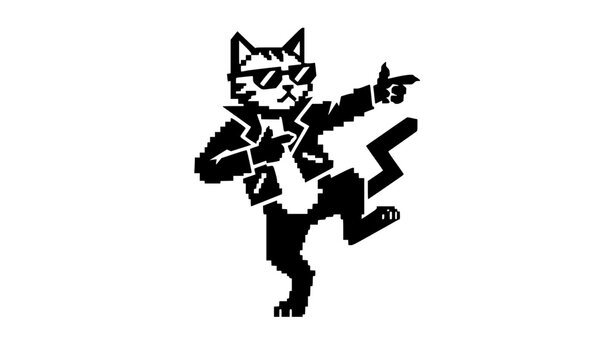 Cool cartoon cat vector illustration wearing sunglasses and a leather jacket dancing black silhouette mascot logo isolated on white background for apparel design projects
