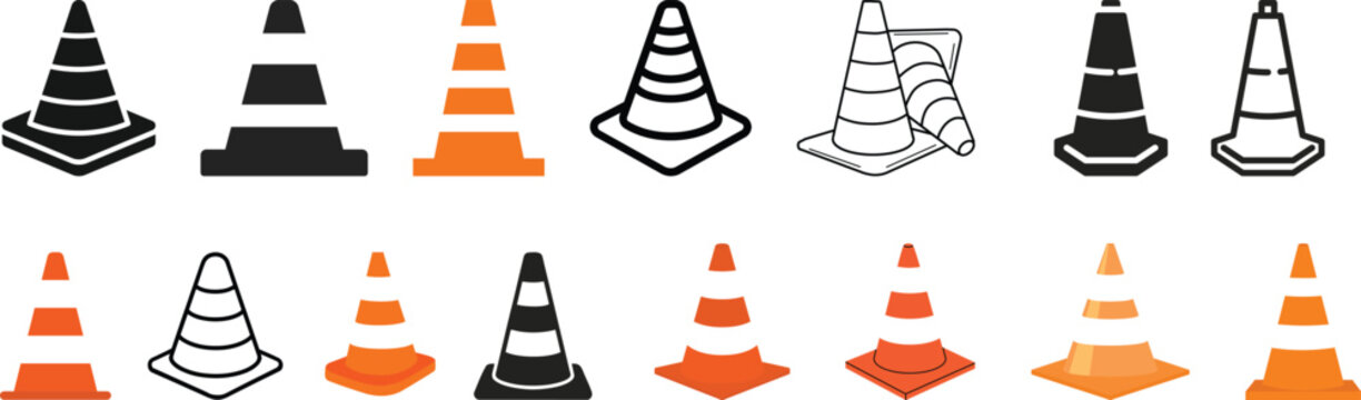 Traffic Cone Icon Line and Flat Solid Logo set. collection of Cone Symbol Glyph Vector Logo cone de chantier. Road Trip Icons Traffic cone flat sign design pictogram symbol. No traffic jam icon UX UI.