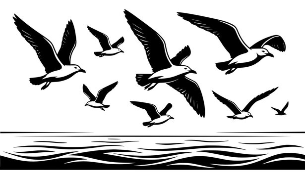 Seagulls flock flying high over ocean waves vector illustration black and white silhouette of marine birds isolated on white background for coastal beach branding