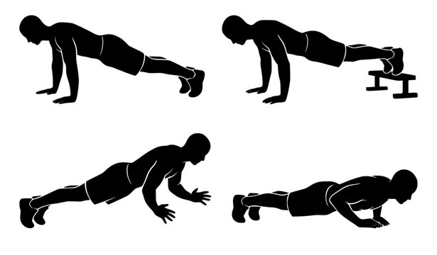 Man pushup silhouette vector illustration set of male athlete training doing standard incline plyometric and deep pushups isolated on white background for gym