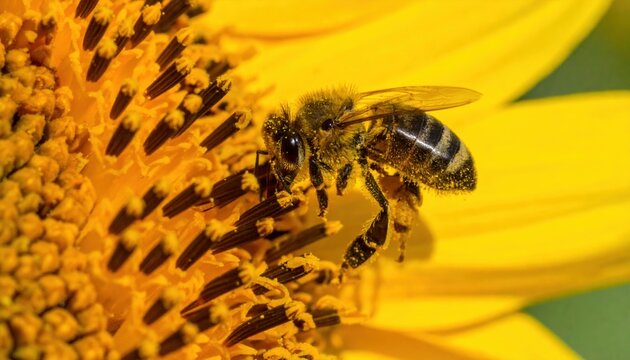 honey bee collecting pollen on sunflower