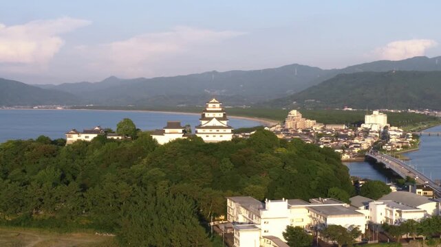 Aerial View of Karatsu Castle at Sunset in Saga, Japan