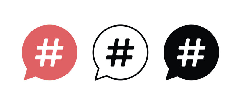 Speech bubble hashtag icons illustrating coral pink, outline, and black communication symbols with clean minimalist vector graphics for messaging platforms, social networking, digital marketing, hasht