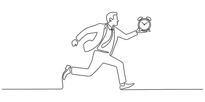 Businessman running with an alarm clock continuous line drawing