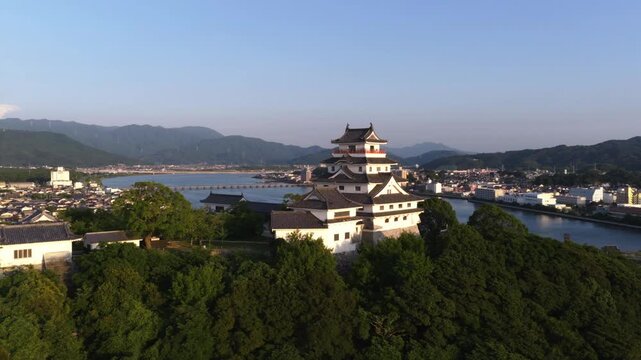 Aerial View of Karatsu Castle at Sunset in Saga, Japan