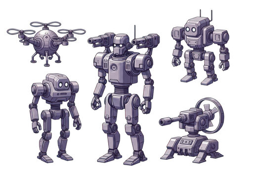 Futuristic robot warriors in battle poses isolated on transparent background
