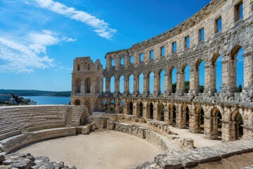 Fototapeta premium Ancient stone amphitheater ruins under bright blue summer sky travel