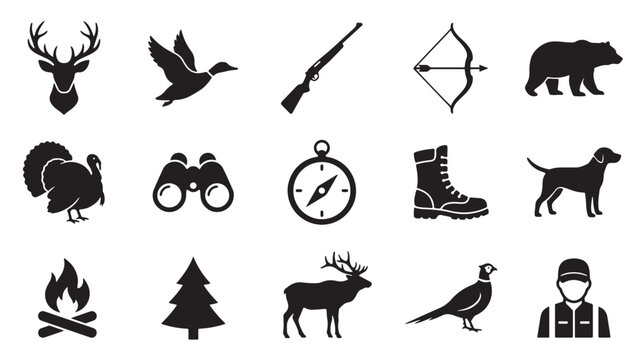 Hunting and outdoor recreation icons set, 15 black vector silhouettes of wild animals and forest gear, wilderness camping and sport hunting equipment