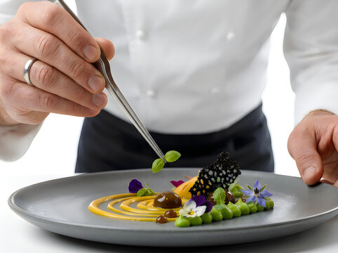 Professional chef plating gourmet dish with tweezers, fine dining culinary art, master cook decorating elegant appetizer with microgreens and flowers
