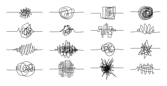 Messy scribble arrow lines, chaotic tangled doodles. Hand drawn squiggles, chaos scrawls, sketch knot arrows confusion concept vector set. Difficult routes or curved paths in square and round form