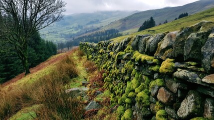 Fototapeta premium Moss covered dry stone wall in misty green hills, countryside landscape