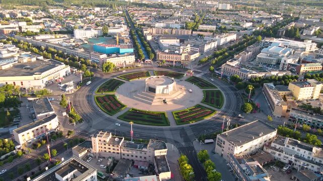 Morning Aerial View of Bagua City Streets in Tekes County, Yili, Xinjiang, China