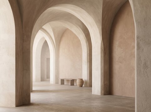 Minimalist arch hallway with beige walls. Modern interior design with stone textures.