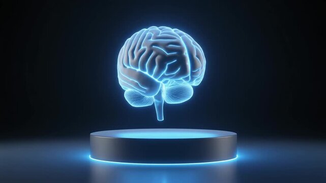 A glowing holographic brain floating above a circular platform, symbolizing artificial intelligence, neuroscience, and futuristic digital innovation.