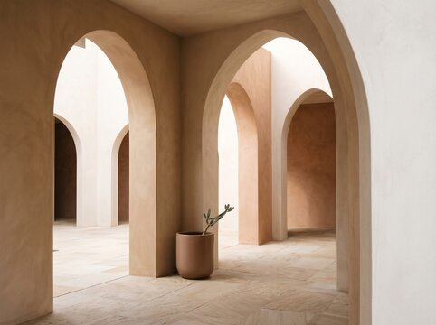 Minimalist beige arches with a plant pot. Modern architectural interior in neutral tones.