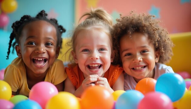 Three diverse happy children laugh together in ball pit. Little boys and girls play joyfully on colorful background. Friends share fun moments during playdate.