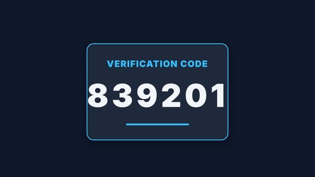Verification code, numeric code 839201 on dark background with blue outline, symbolizing authentication and security, for verification and validation purposes, seamless loop.