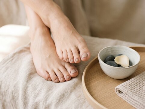 Woman receiving a luxury pedicure at a spa. Relaxing foot treatment with stones and towel.