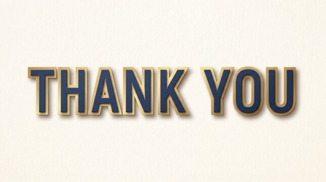 Elegant thank you text with gold outline, navy blue 3D lettering on cream background, professional gratitude message for business and social media