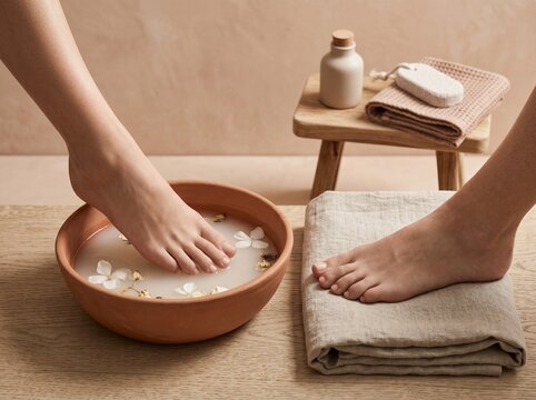 Woman receiving a pedicure in a luxury spa. Feet soaking in a bowl with flowers and water.