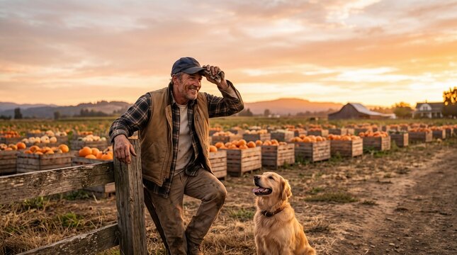 Man Standing with Golden Retriever in Pumpkin Patch at Sunset