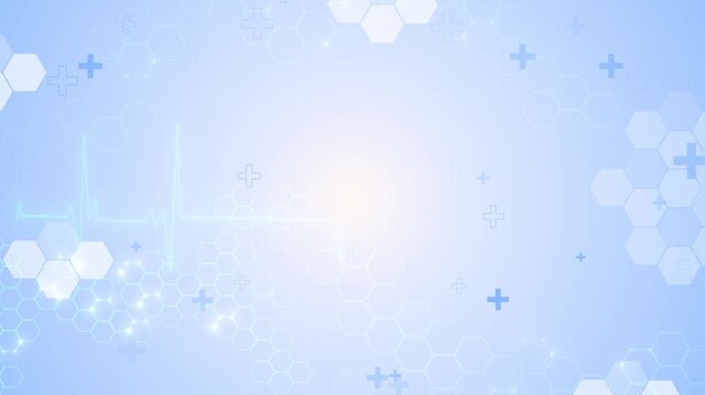 Light blue medical technology hexagon patterns, plus icons, heartbeat line, clean clinical space. health hospital promos, science presentations, medicine explainers, wellness content, care graphics.