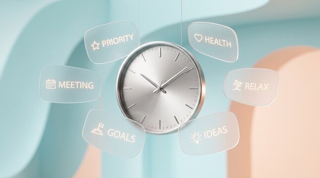 Modern time management concept with silver clock and floating priorities