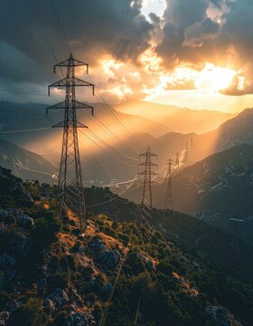 Majestic power lines traverse a mountainous landscape at sunset.