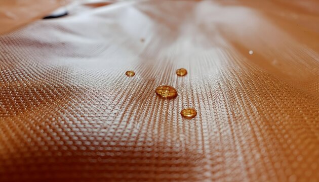 Macro photography of water droplets resting on bright orange waterproof ripstop tent fabric.
