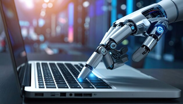 robot hand typing on computer keyboard